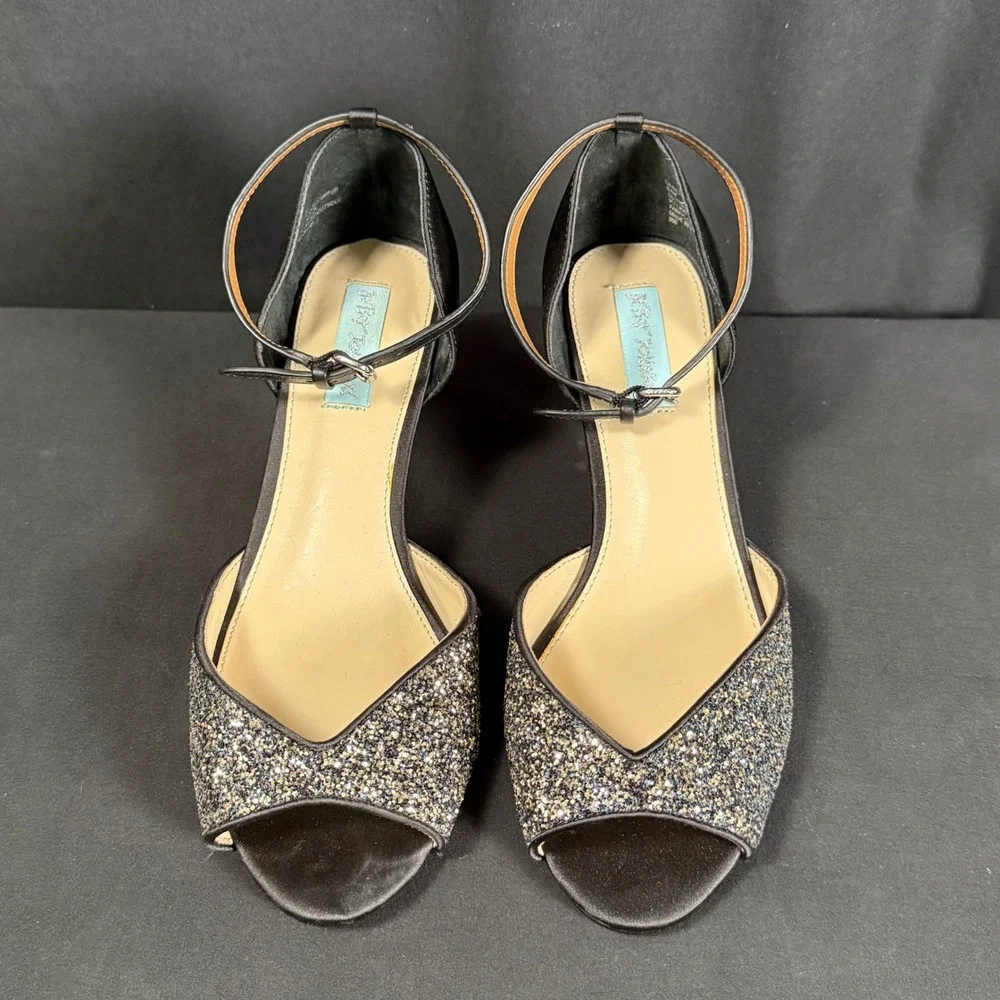 Betsey Johnson SB-RITA Black Glitter Peep Toe Kitten Heels Pumps Womens 8.5M